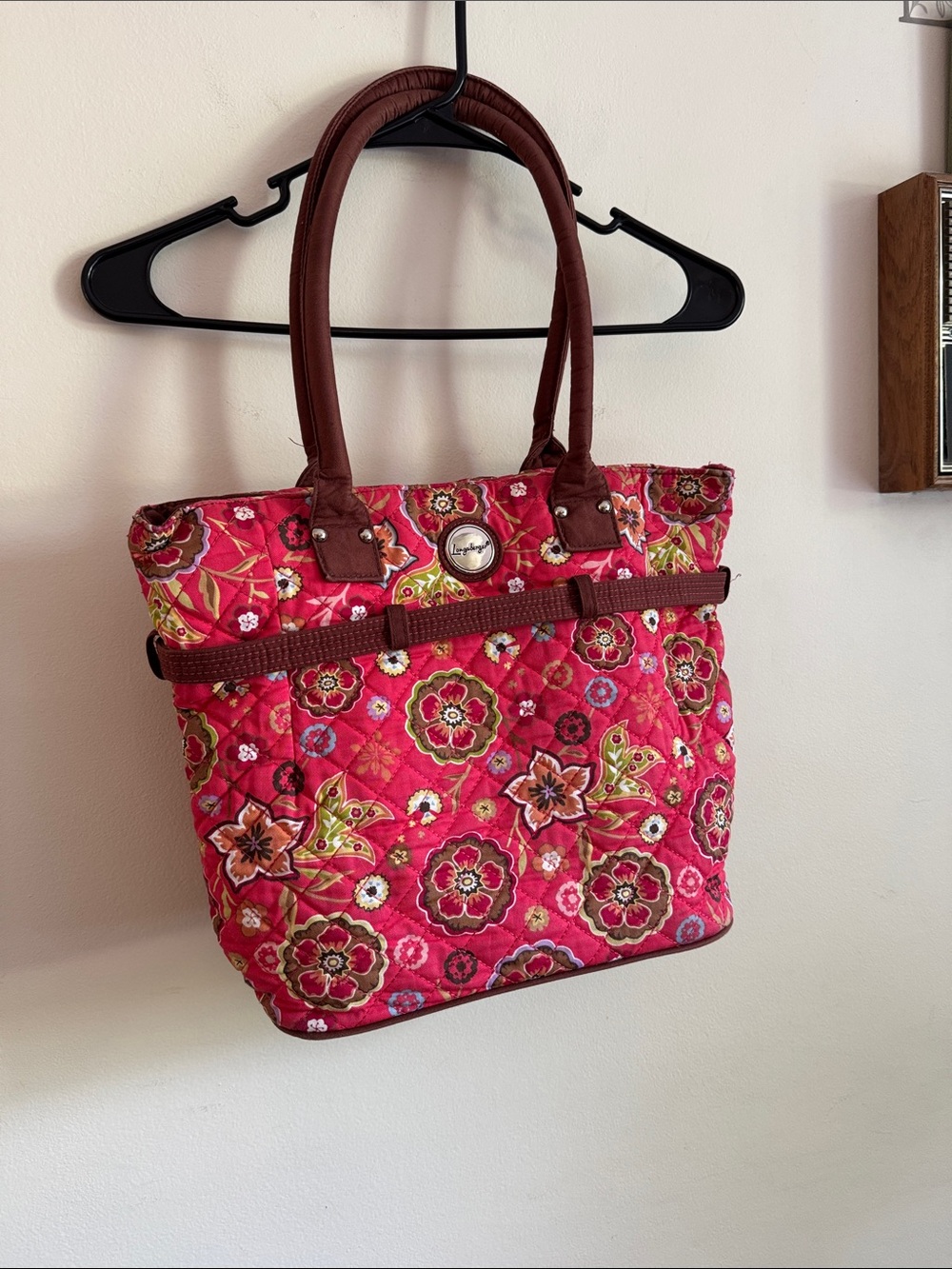 Longaberger Quilted Floral Tote Bag in Pink with Brown Trim